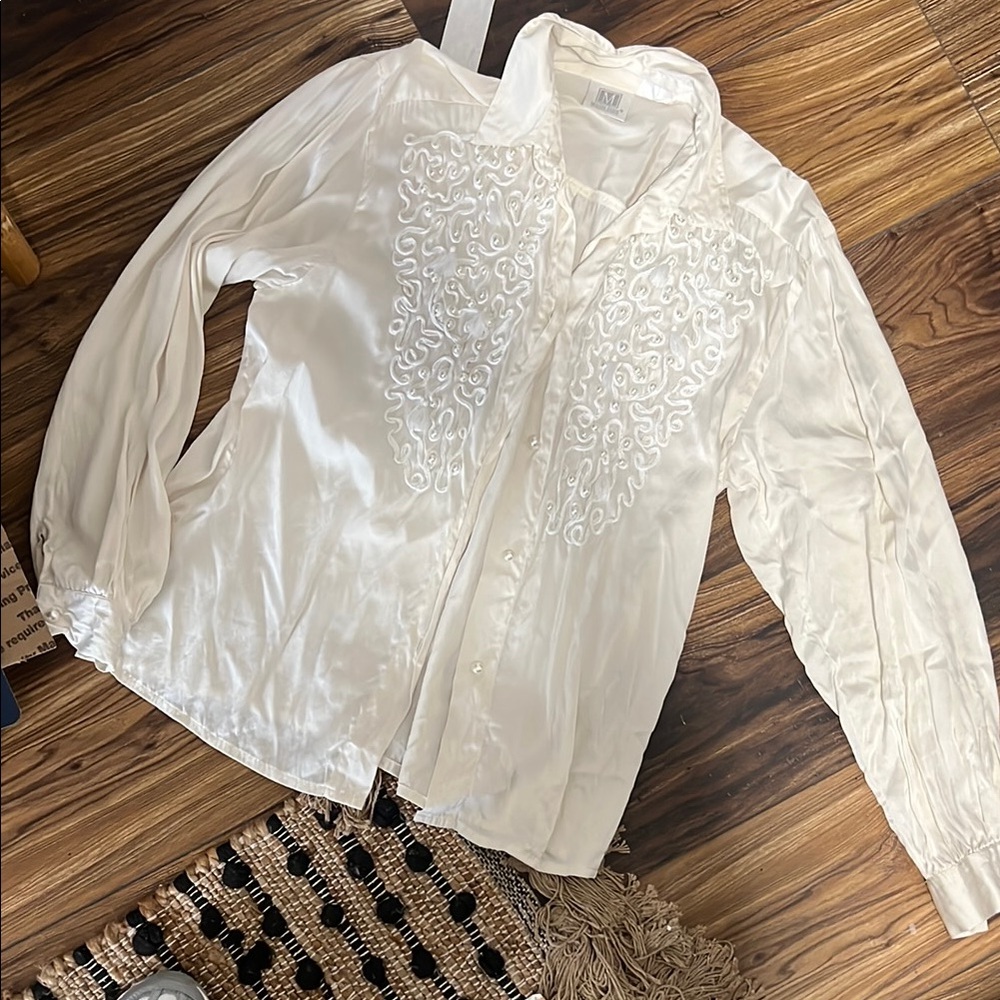 Madeleine silk pearl Elegant White Embroidered Women's Top